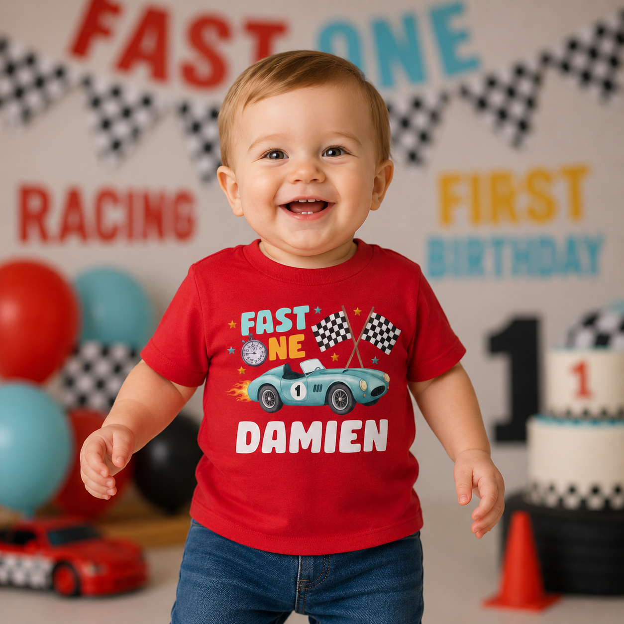 Racing Watercolour Fast ONE Birthday Personalized T-shirt