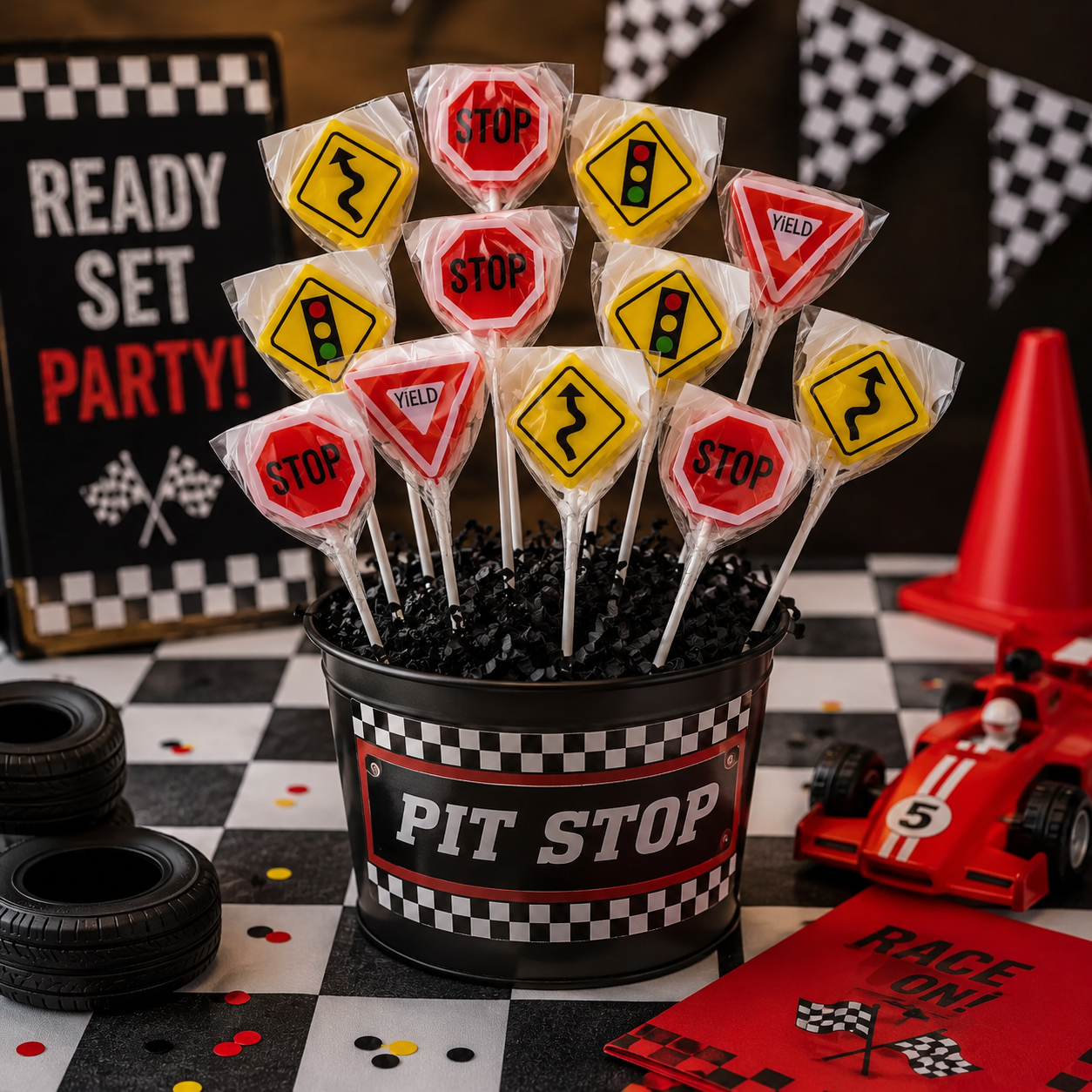Racing Street Sign Fruit Lollipops - 12 Pk
