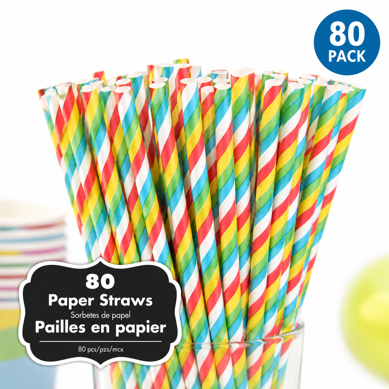 Rainbow Striped Sturdy Straws - 80 PK