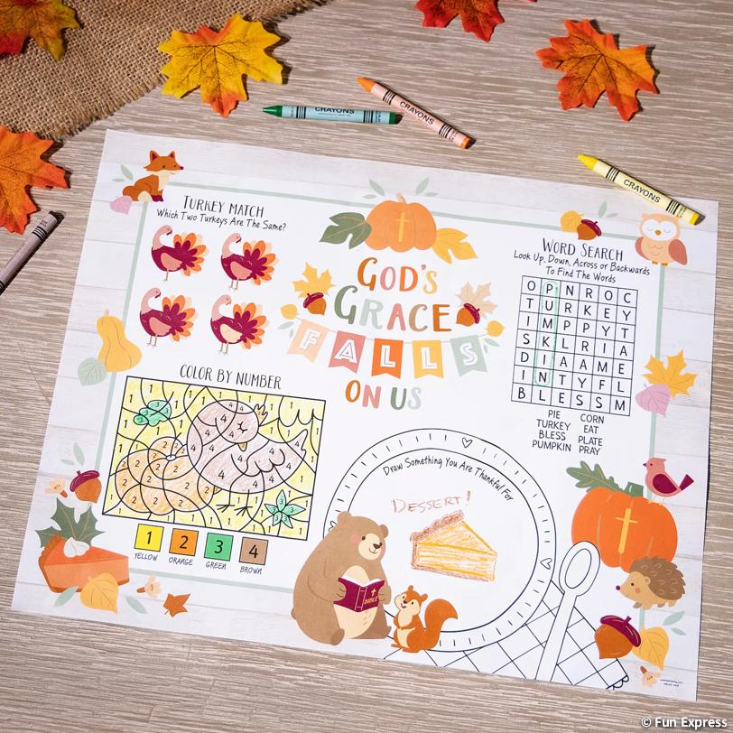 Religious Fall Harvest Thanksgiving Placemats with Crayons for 24