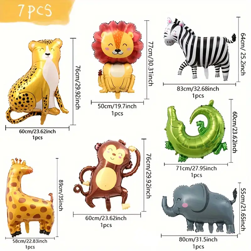 Safari Animal Large Shaped Foil Balloon Set 7pcs