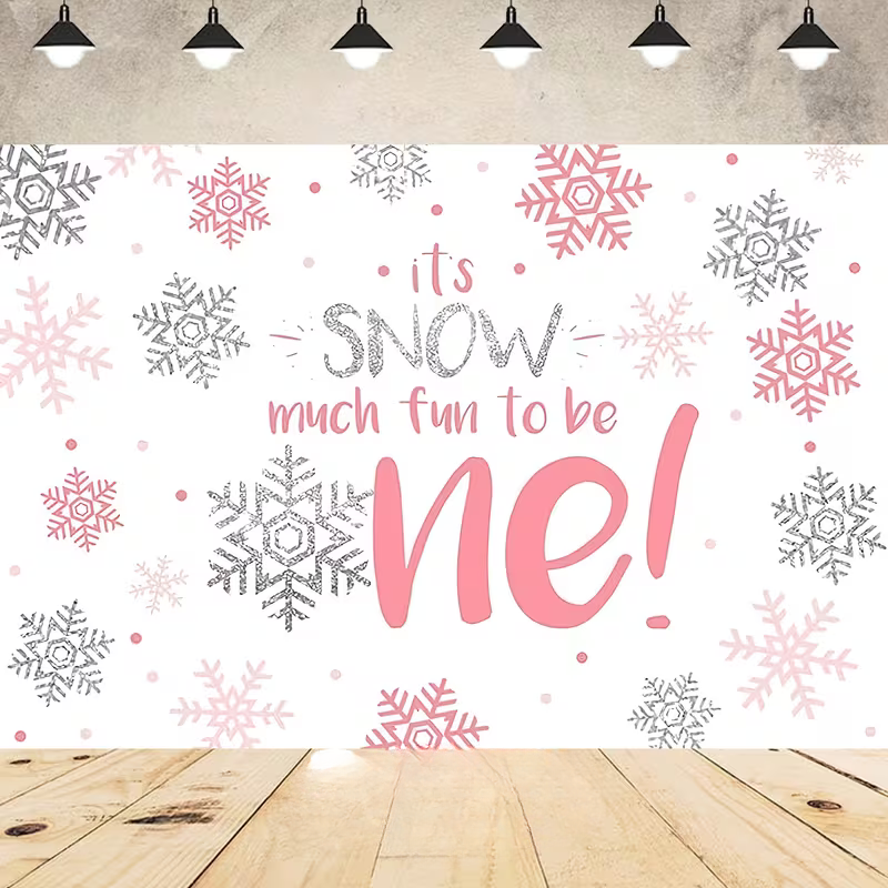 Snow Fun to Be One Pink 1st Birthday 8FT Fabric Backdrop