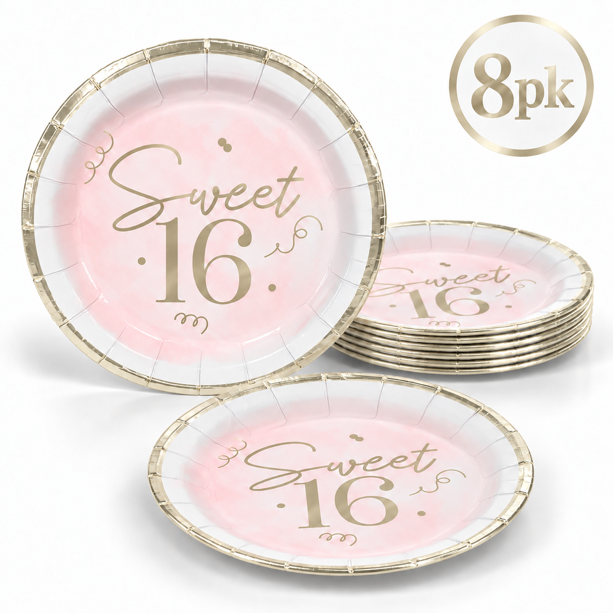 Sweet 16 Blush & Metallic Gold Dessert Plates - 8 PK
