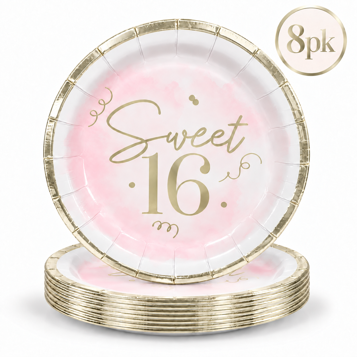 Sweet 16 Blush & Metallic Gold JUMBO Dinner Plates - 8 PK