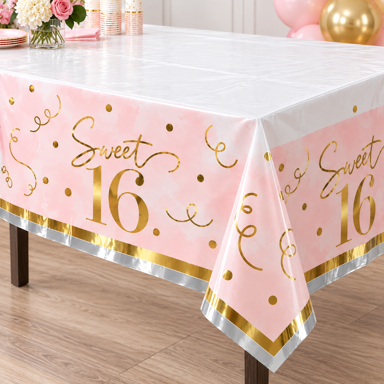 Sweet 16 Pink & Gold Metallic Table Cover