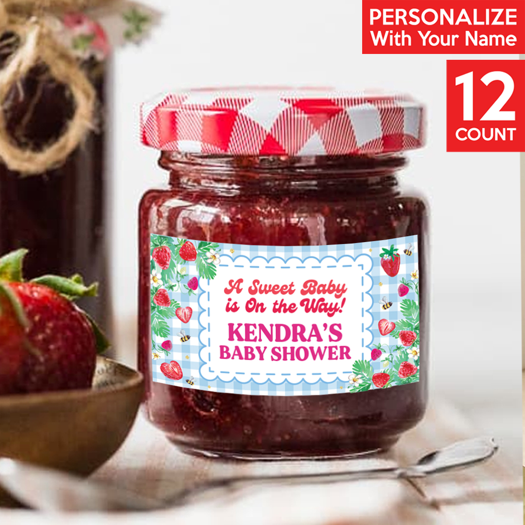Strawberry Baby Shower PERSONALIZED VINYL Jam Jar Labels - 12pk