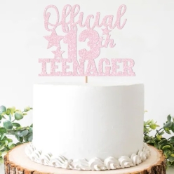 13th Birthday Official Teenager Pink Glitter Cake Topper