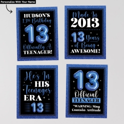 13th Birthday Blue Personalized Wall Decor - 4 Pk