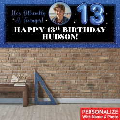 13th Birthday Blue PHOTO PERSONALIZED Giant Vinyl Banner