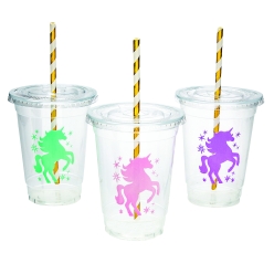 Unicorn Reusable Plastic Cups with Lids & Straws-6Pk