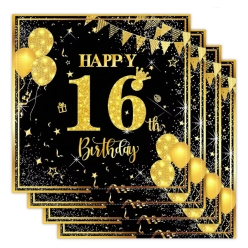 Happy 16th Birthday Black and Gold Lunch Napkins - 10 PK