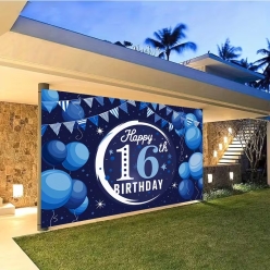 Happy 16th Birthday Blue Fabric Backdrop