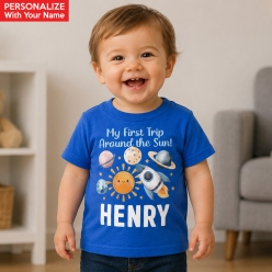 First Trip Around the Sun Personalized Name Blue T-shirt