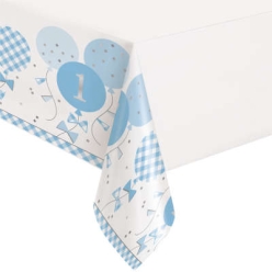 Blue Gingham 1st Birthday Plastic Tablecover