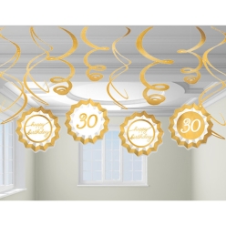 30th Gold Metallic Hanging Swirls & Fans - 12 PK