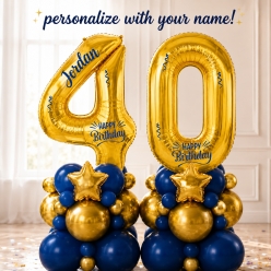 Age 40 Personalized Blue & Gold Airfill Balloon Column