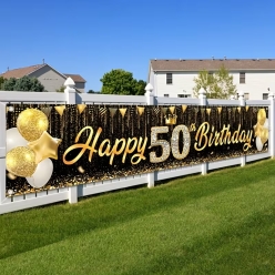 Happy 50th Birthday Black & Gold 200cm Fabric Banner