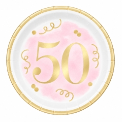 Blush Pink & Metallic Gold 50th Birthday Dessert Plates - 8 PK