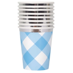 Blue Gingham Metallic Party Cups - 8 PK