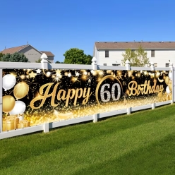 60th Happy Birthday Gold & Black Fabric Banner - 200 x 40 cms