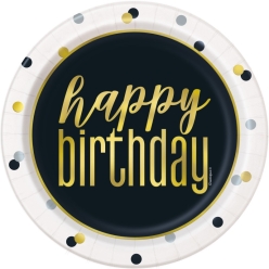 Metallic Black & Gold Birthday Dessert Plates - 8 PK