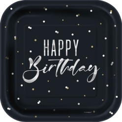 Silver Metallic Birthday Square Dessert Plates - 8 PK
