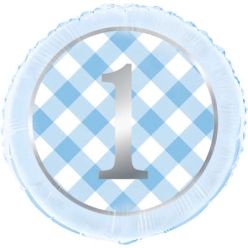 Blue Gingham Metallic Large 1st Birthday Foil Balloon
