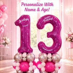 *Two Digit PERSONALIZED White & Pink Airfill Balloon Column Kit