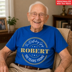100 Years Young Blue Custom Name T-shirt