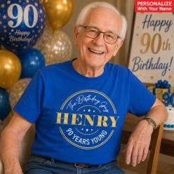 90 Years Young Blue Custom Name T-shirt