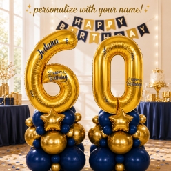 Age 60 Personalized Blue & Gold Airfill Balloon Column