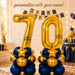 Age 70 Personalized Blue & Gold Airfill Balloon Column