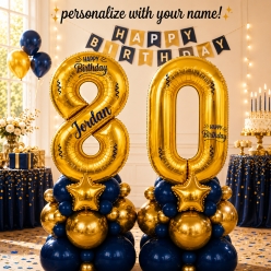 Age 80 Personalized Blue & Gold Airfill Balloon Column