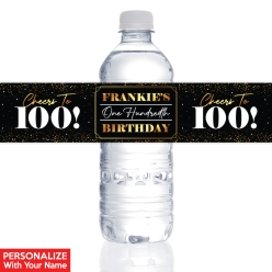 100th Bday Black & Gold PERSONALIZED Bottle Labels 10PK