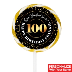 100th Bday Black & Gold Large Swirl Lollipops - 12 Pk