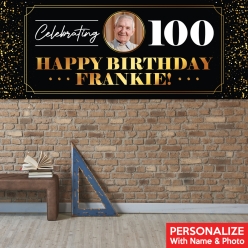 100th Bday Black & Gold PERSONALIZED Vinyl Photo Banner