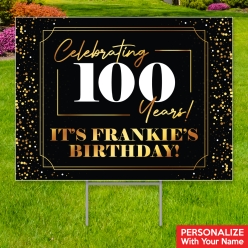 34% OFF: 100th Bday Black & Gold PERSONALIZED Big Yard Sign