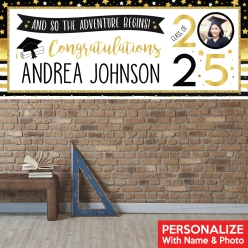 Adventure Grad Black & Gold PHOTO PERSONALIZED Vinyl Banner