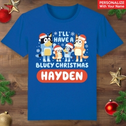 Bluey Christmas Personalized Name Blue T-shirt
