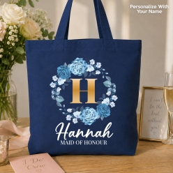 Floral Bridal Personalized BIG 41cm Blue Cotton Tote