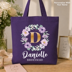 Floral Bridesmaid Personalized 41cm Purple Cotton Tote