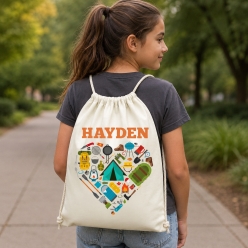 Camping Heart Personalized Drawstring Backpack