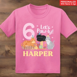 55% OFF: Let's Pawty Cat Personalized Name & Age Pink T-shirt