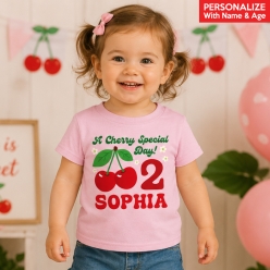 Cherry Birthday Personalized Name & Age Light Pink T-shirt