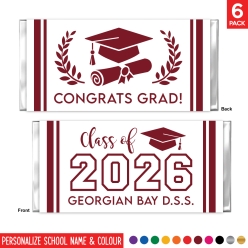 Class of 2026 Personalized School & Colour Candy Bar Labels 6pk