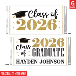Grad Black & Gold 2026 Personalized Name Candy Bar Labels 6pk