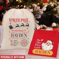 PERSONALIZED Nice List Red Shirt & Drawstring Backpack