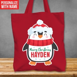 60% OFF: Premium XL Christmas Penguin Personalized Red Tote