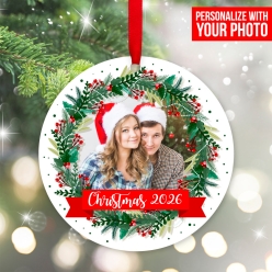 Personalized Photo Christmas Wreath Wood Ornament