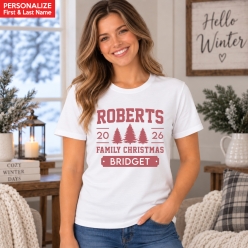 Coral Pink Trees Family Christmas Custom Name T-Shirt